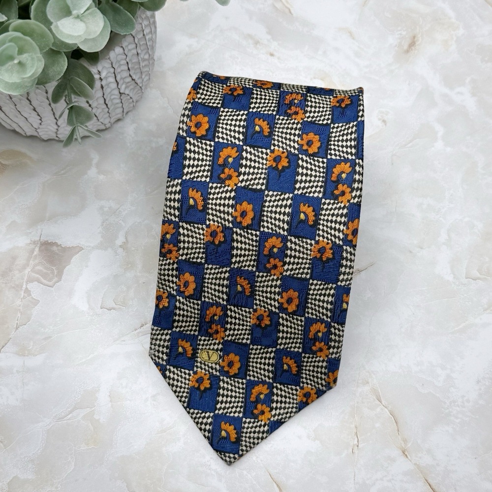 Valentino Silk Tie Floral‎ Square Print 3 3/4" - 58" Blue Orange Black Preppy